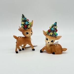Bethany Lowe Set of 2 Merry & Bright Standing Resting Reindeer Bottle Brush Deer